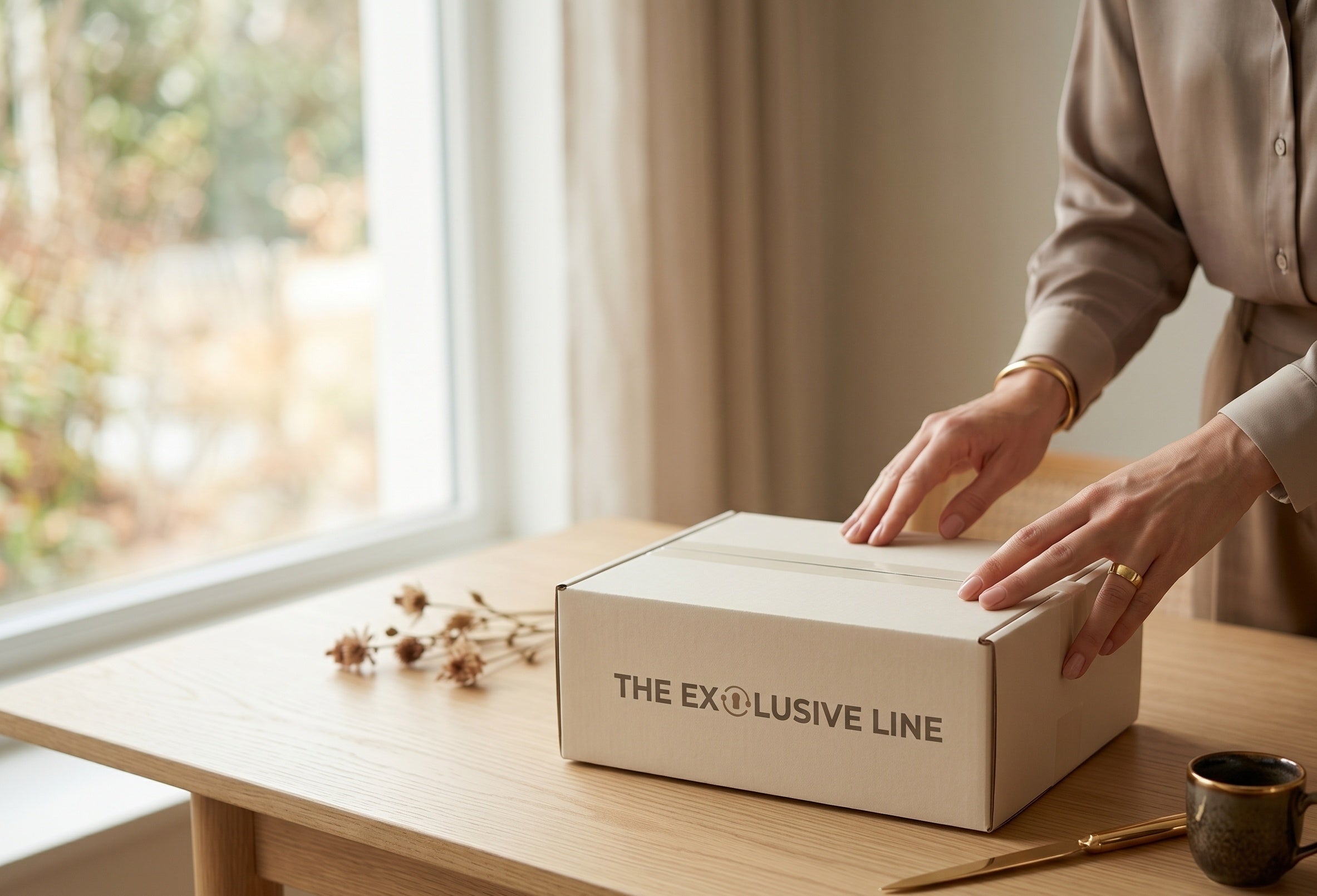 Box branded with The Exclusive Line for delivery within Singapore.