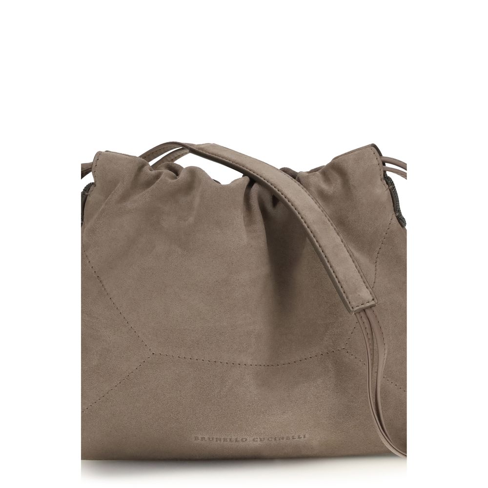 Brunello Cucinelli BC Duo Pouch Bag in Light Brown Suede with Monili