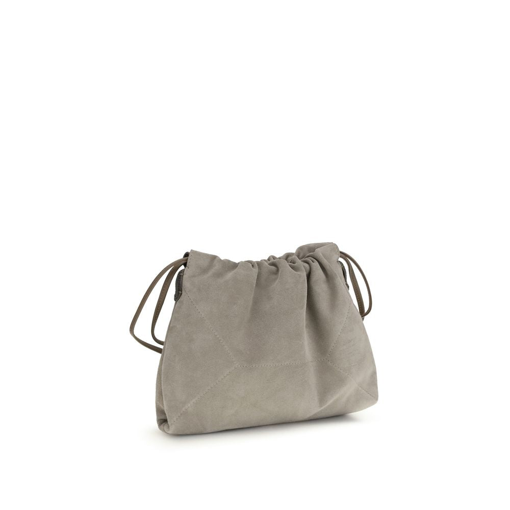 Brunello Cucinelli BC Duo Pouch Bag in Gray Suede with Monili