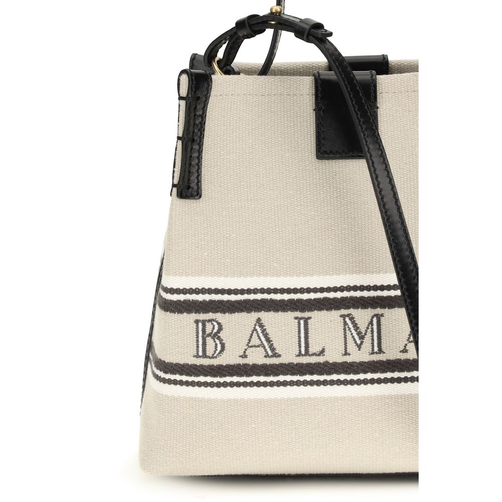 Balmain Release Bucket Bag in Beige Canvas & Calfskin