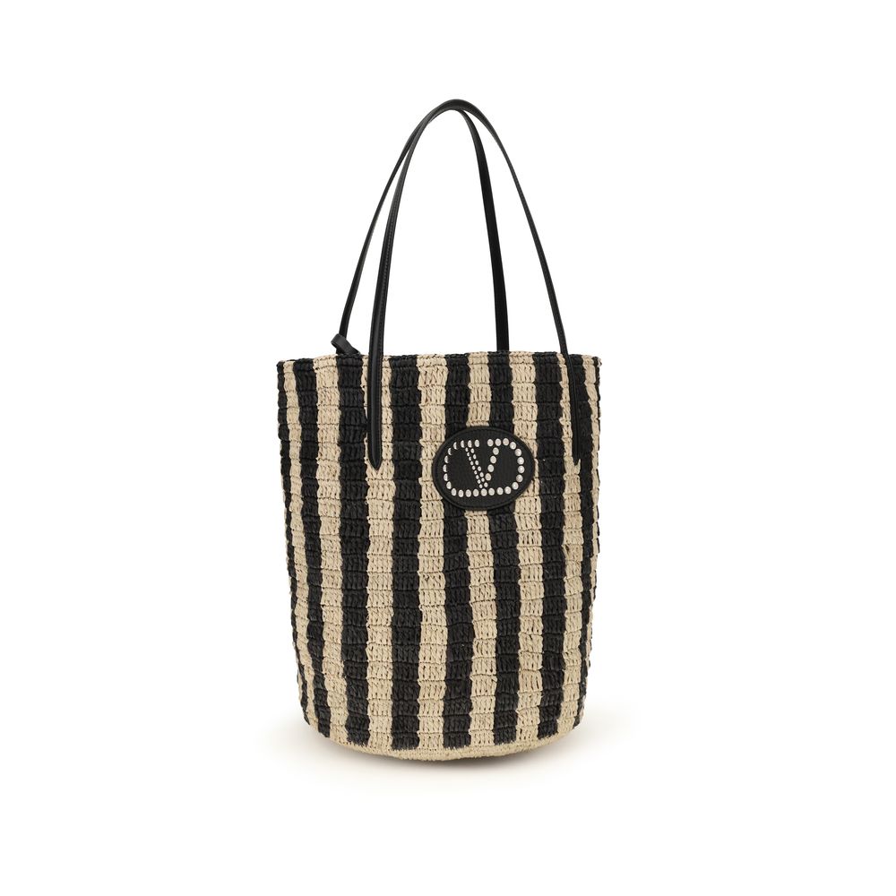 Valentino Garavani Striped Raffia Shopping Bag - Natural / Black