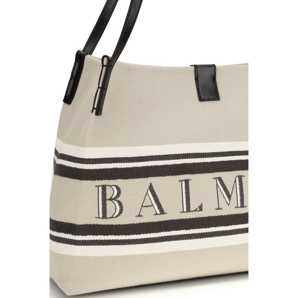 Balmain Medium Release Shopper Bag - Beige Canvas & Calfskin