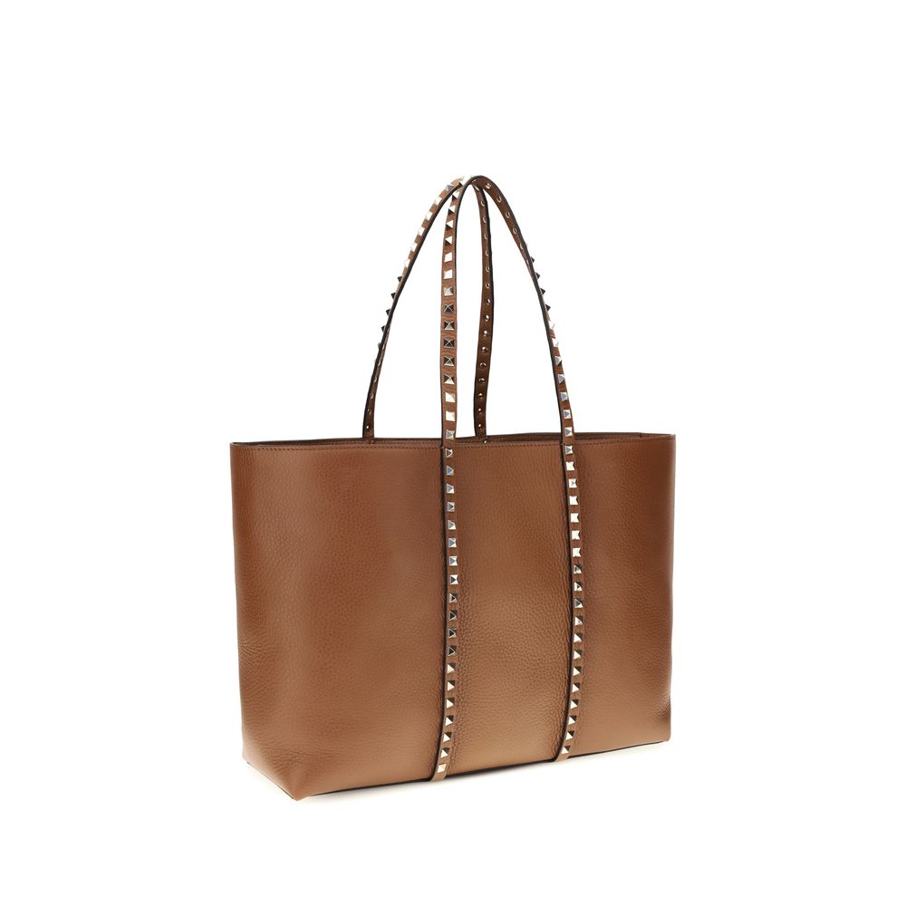 Valentino Garavani Rockstud Shopping Bag In Grainy Calfskin - Saddle Brown