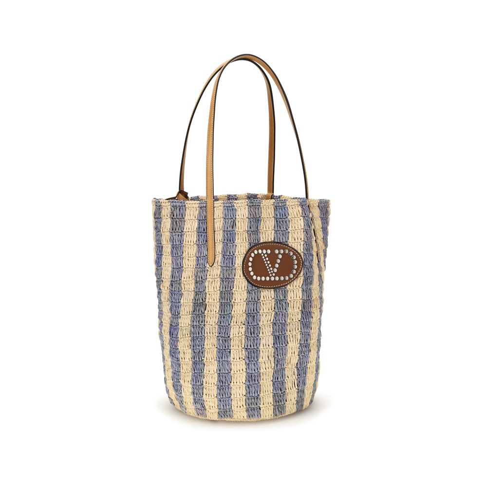 Valentino Garavani Striped Raffia Shopping Bag - Natural / Azure