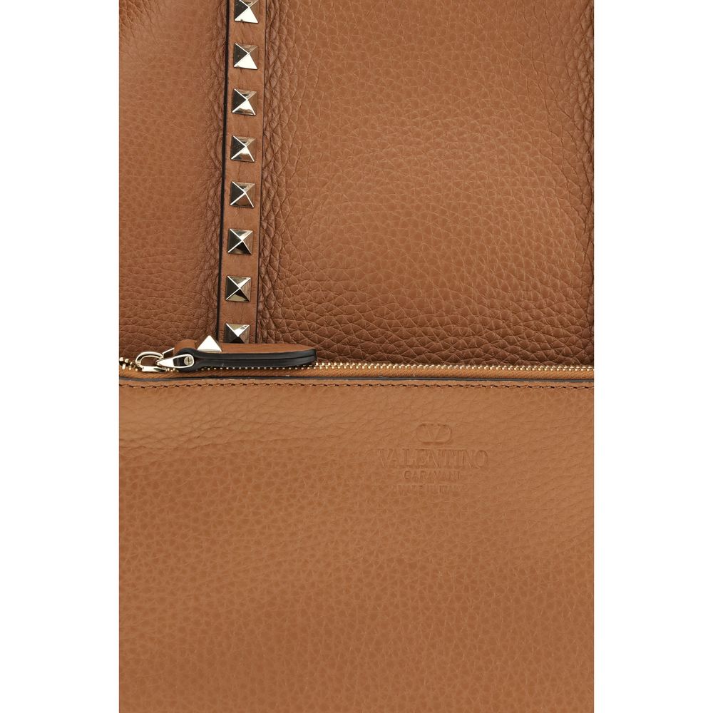 Valentino Garavani Rockstud Shopping Bag In Grainy Calfskin - Saddle Brown