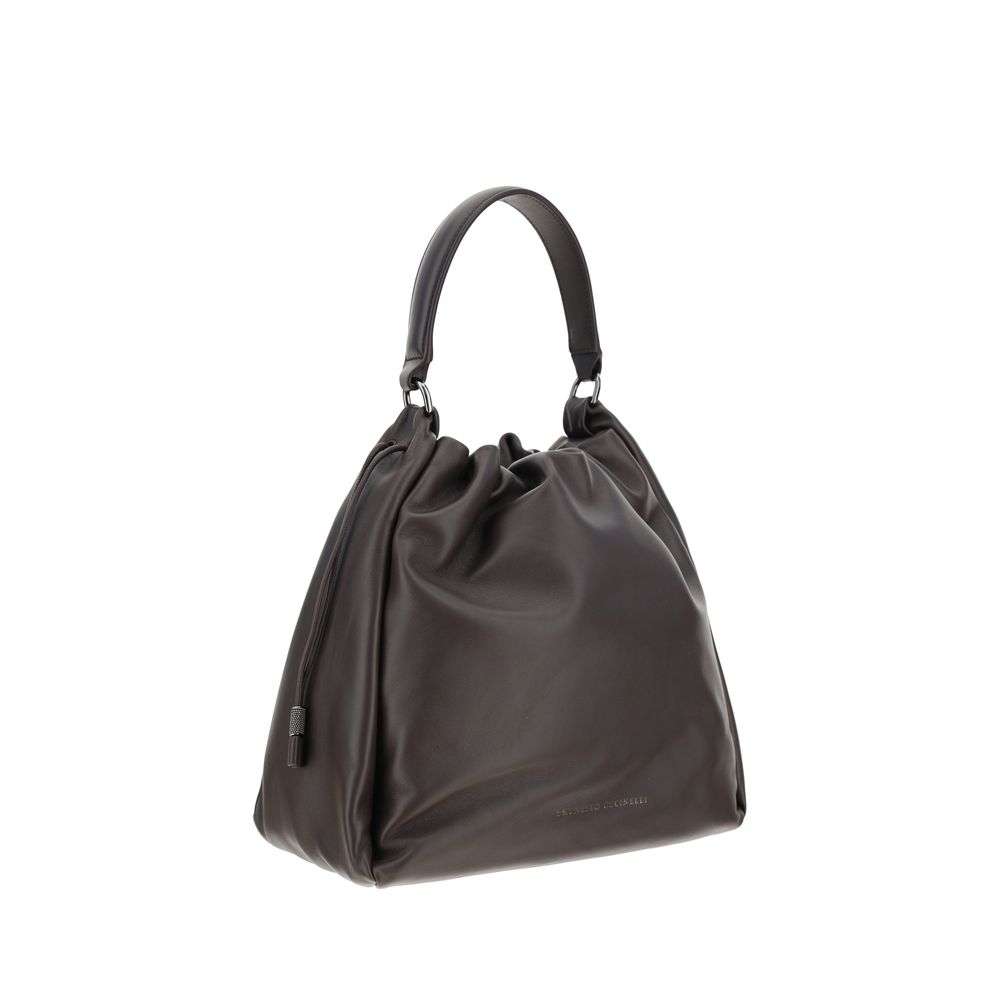 Brunello Cucinelli Mellow Leather Bucket Bag with Monili - Brown