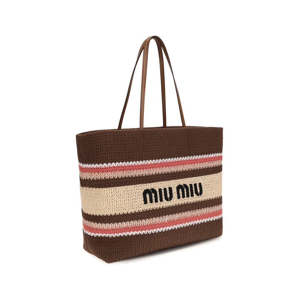 Miu Miu Raffia-Effect Striped Tote Bag - Tobacco / Strawberry / Natural