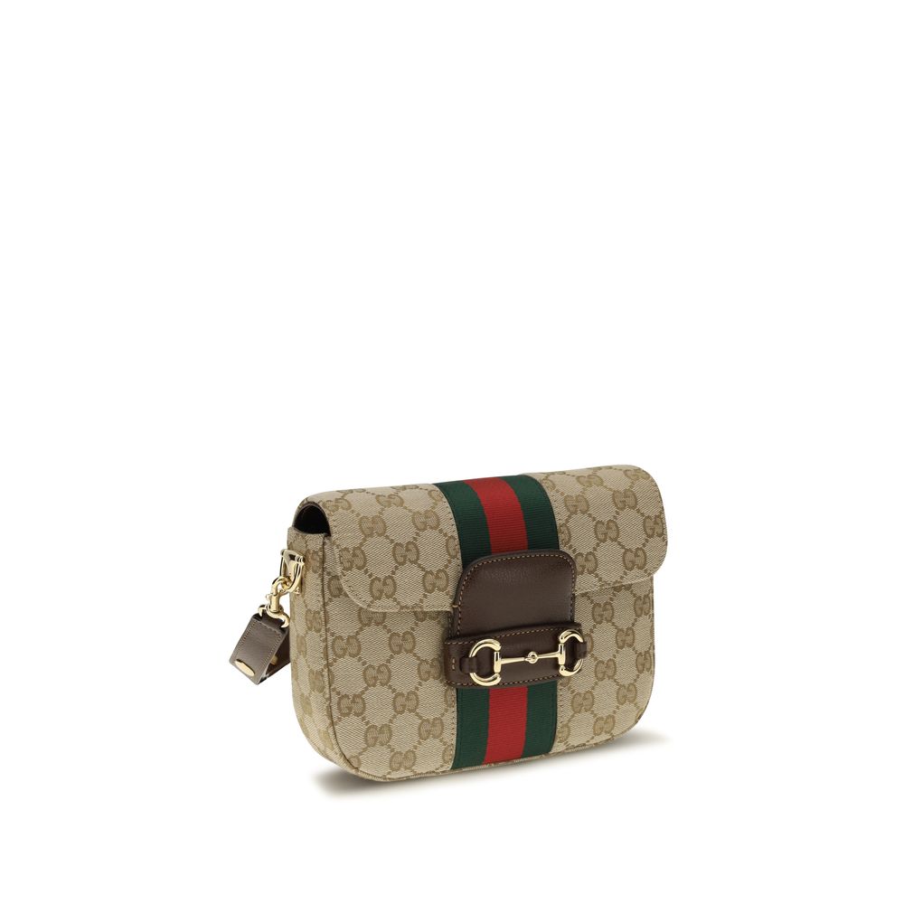 Gucci Horsebit 1955 Small Shoulder Bag - Sand and Brown GG Canvas