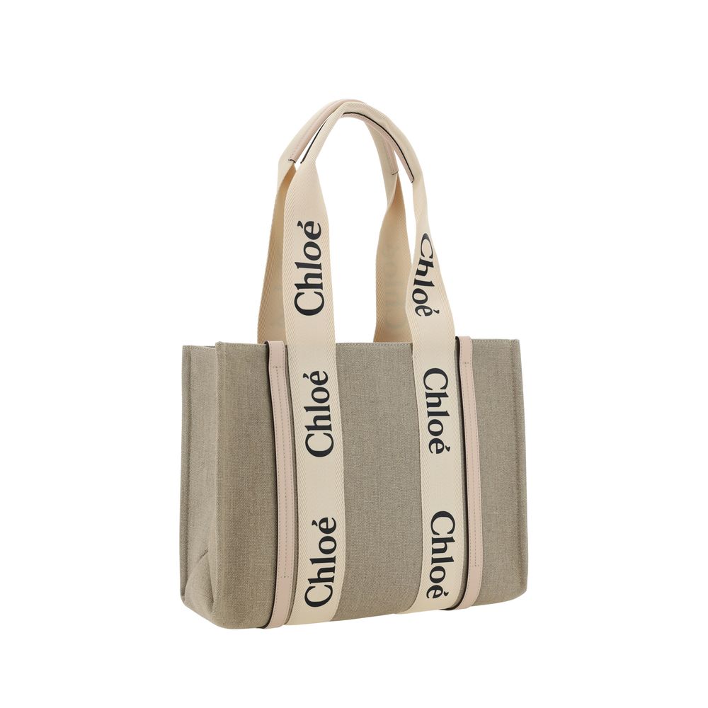 Chloé Woody Medium Tote Bag in Linen - Cement Pink