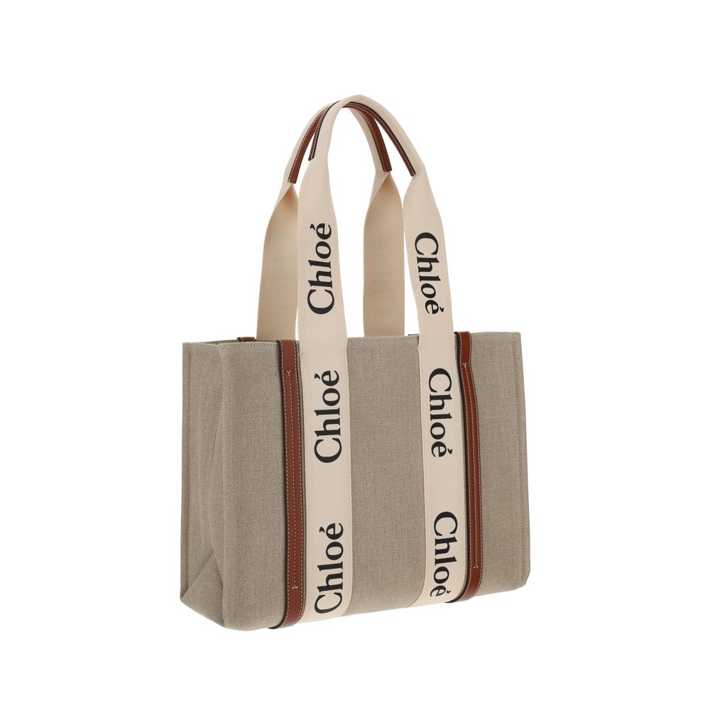 Chloé Woody Medium Tote Bag in Linen - White and Brown