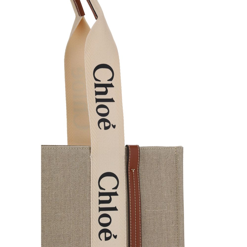 Chloé Woody Medium Tote Bag in Linen - White and Brown