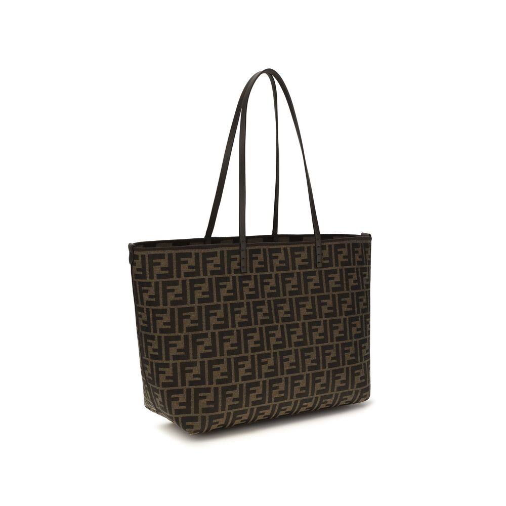 Fendi Roll Medium Reversible Shopper Bag - Tobacco Brown FF Jacquard and Striped Pequin Fabric