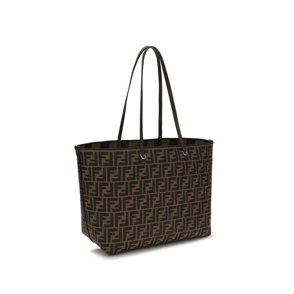 Fendi Roll Medium Reversible Shopper Bag - Tobacco Brown FF Jacquard and Striped Pequin Fabric