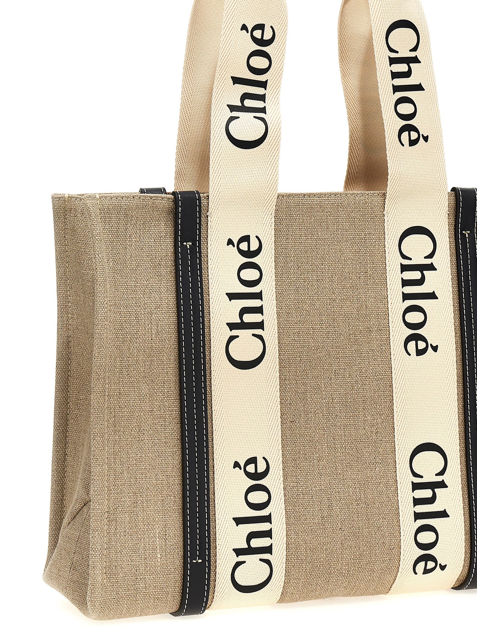 Chloé Woody Medium Tote Bag in Linen - White and Blue