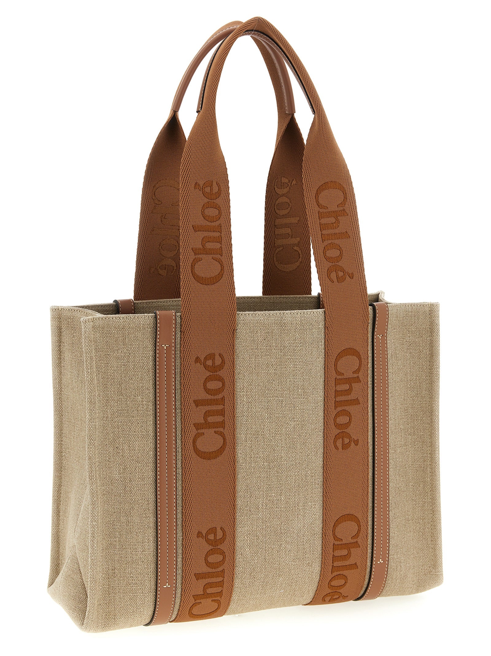Chloé Woody Medium Tote Bag in Linen - Dusty Tan
