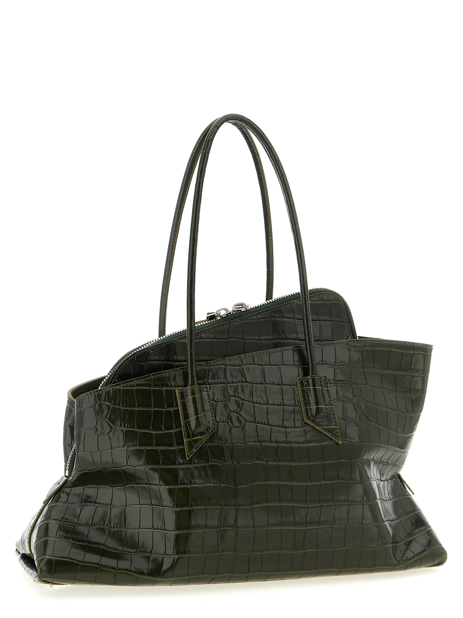 The Attico La Passeggiata Medium Top Handle - Dark Green Croc-Embossed Calfskin