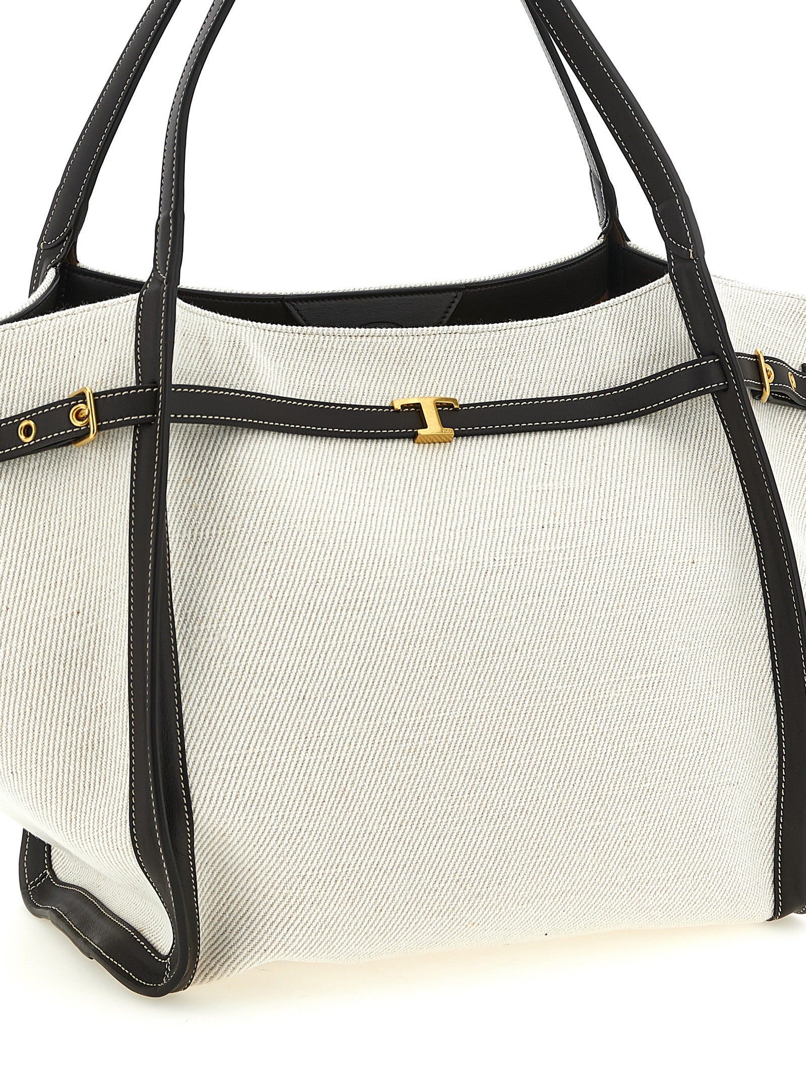 Tod's T Signature Medium Shopping Bag - White Canvas and Brown Leather
