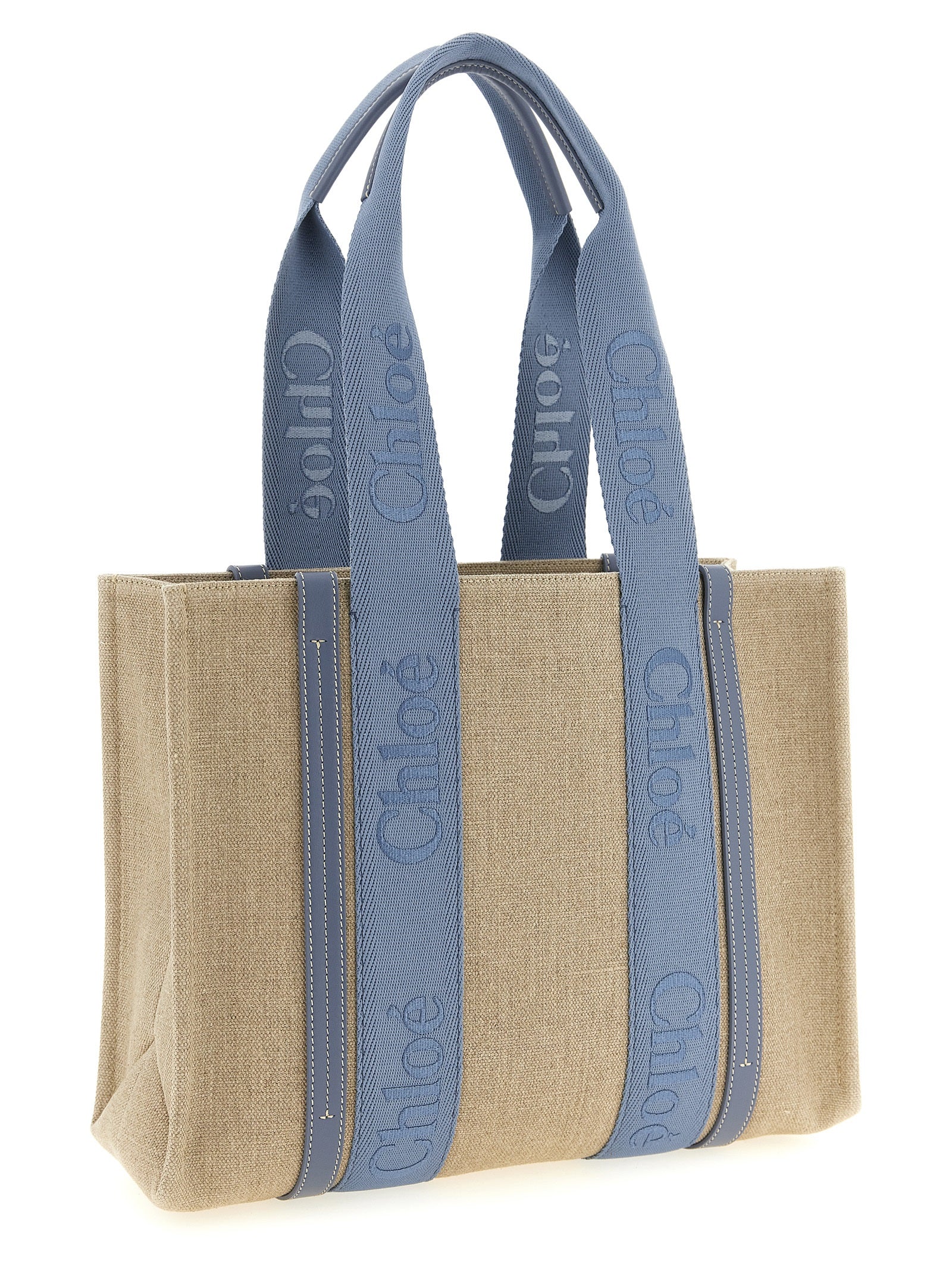 Chloé Woody Medium Tote Bag in Linen - Ashes Blue