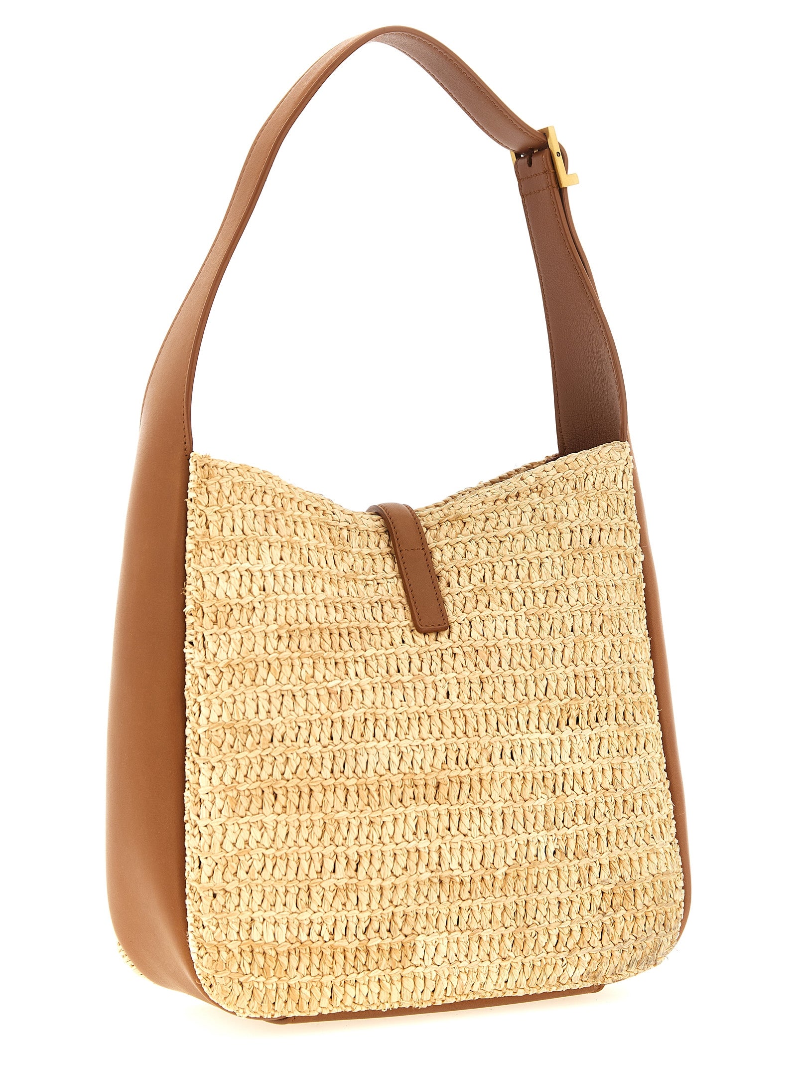 Saint Laurent LE 5 À 7 Small Raffia and Leather - Pale Brown and Brick
