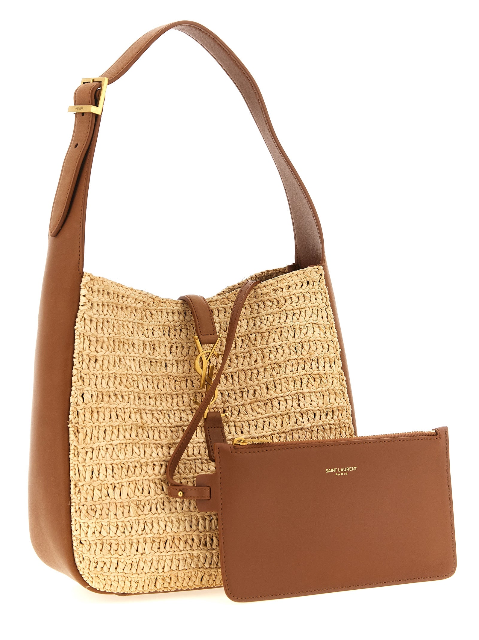 Saint Laurent LE 5 À 7 Small Raffia and Leather - Pale Brown and Brick
