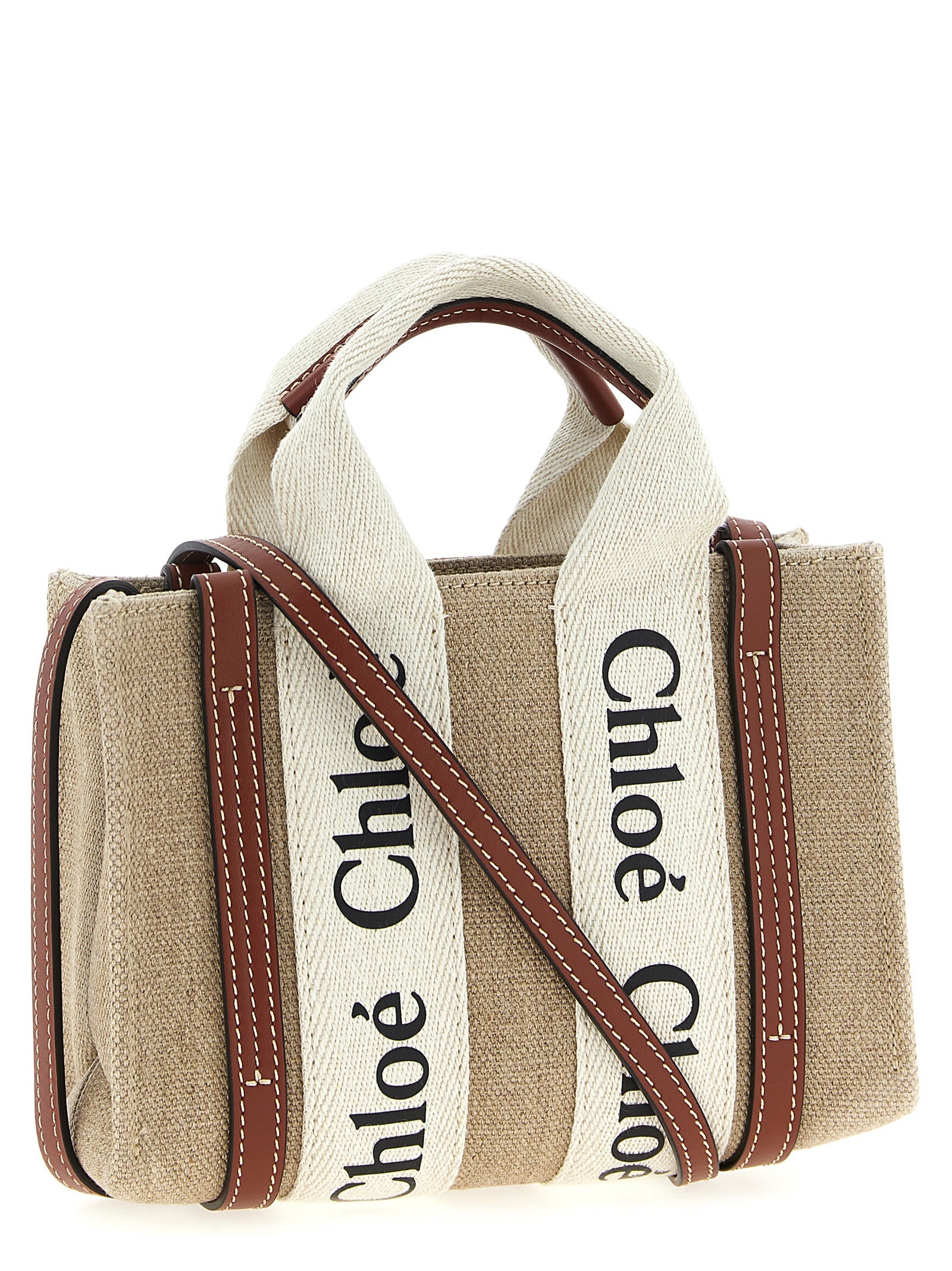 Chloé Woody Mini Tote Bag in Linen - White and Brown