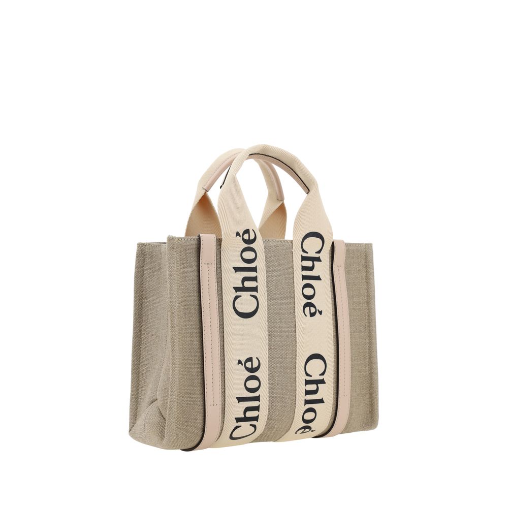 Chloé Woody Small Tote Bag in Linen - Cement Pink