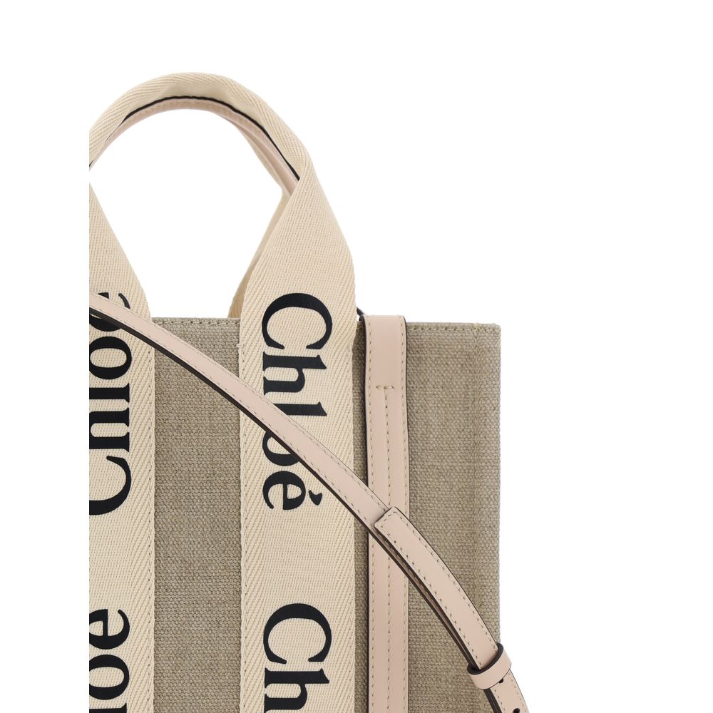 Chloé Woody Small Tote Bag in Linen - Cement Pink