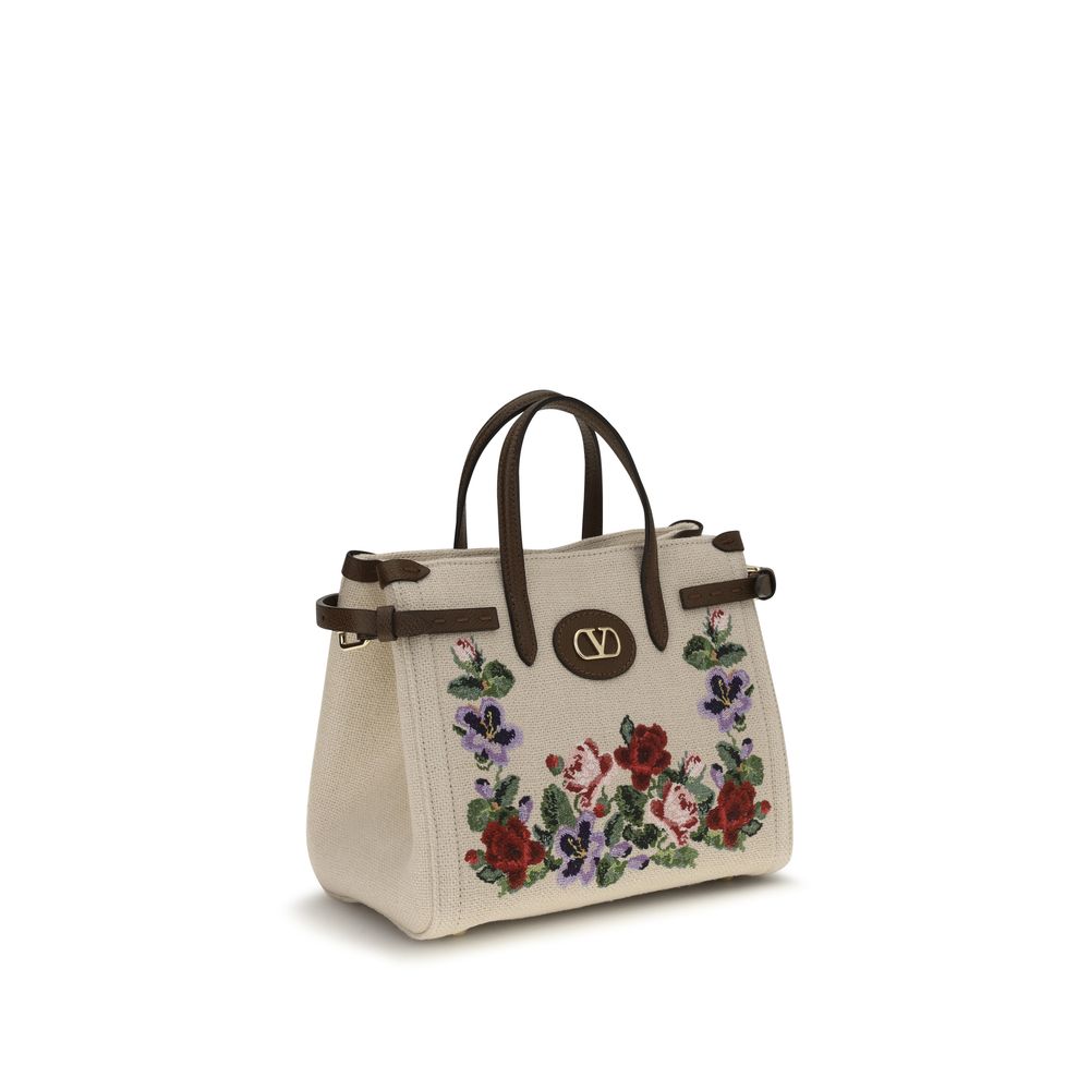Valentino Garavani Antibes Small Embroidered Linen Shopping Bag - Ecru