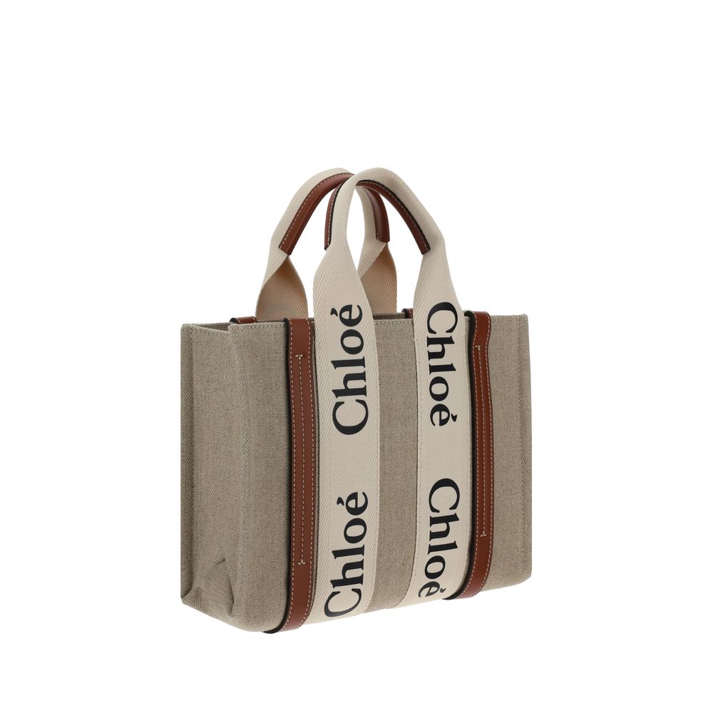 Chloé Woody Small Tote Bag in Linen - White and Brown