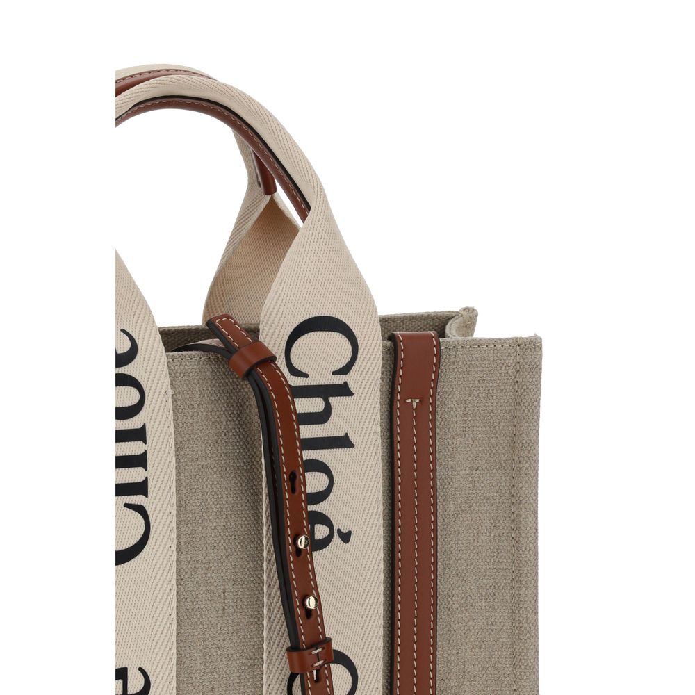 Chloé Woody Small Tote Bag in Linen - White and Brown