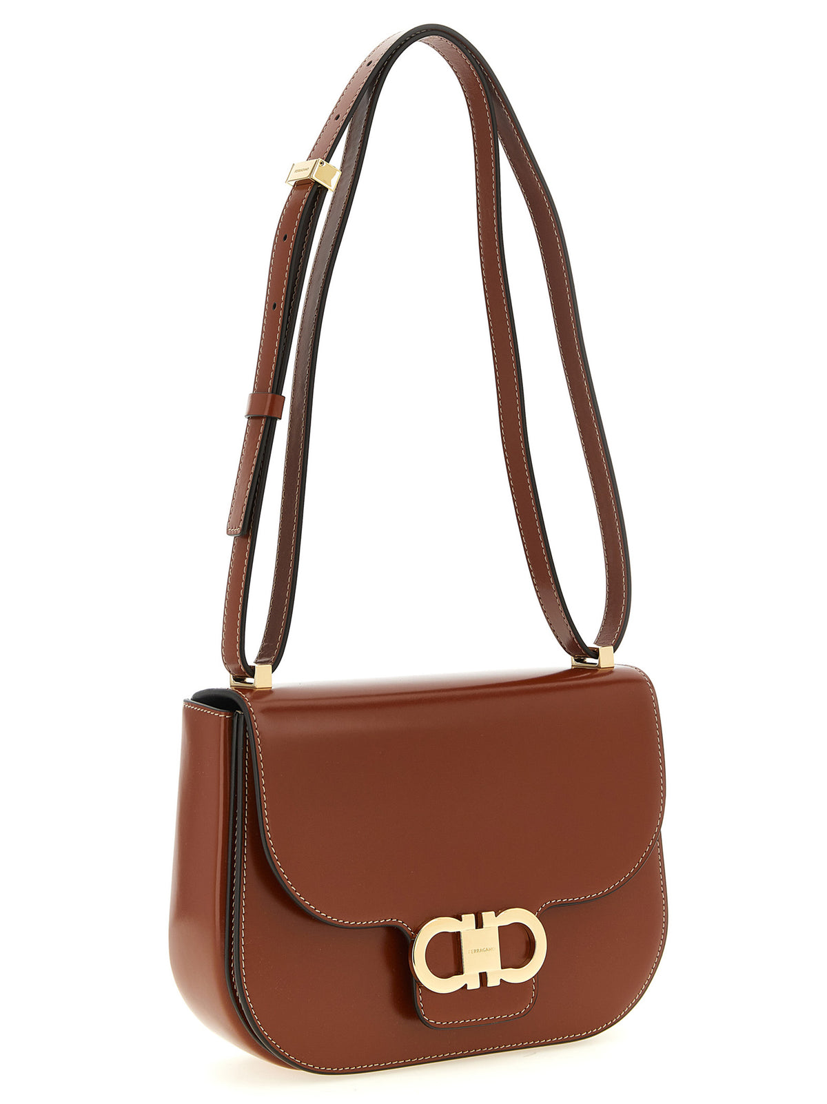 Ferragamo Double Gancini North-South Crossbody Bag - Dark Cognac