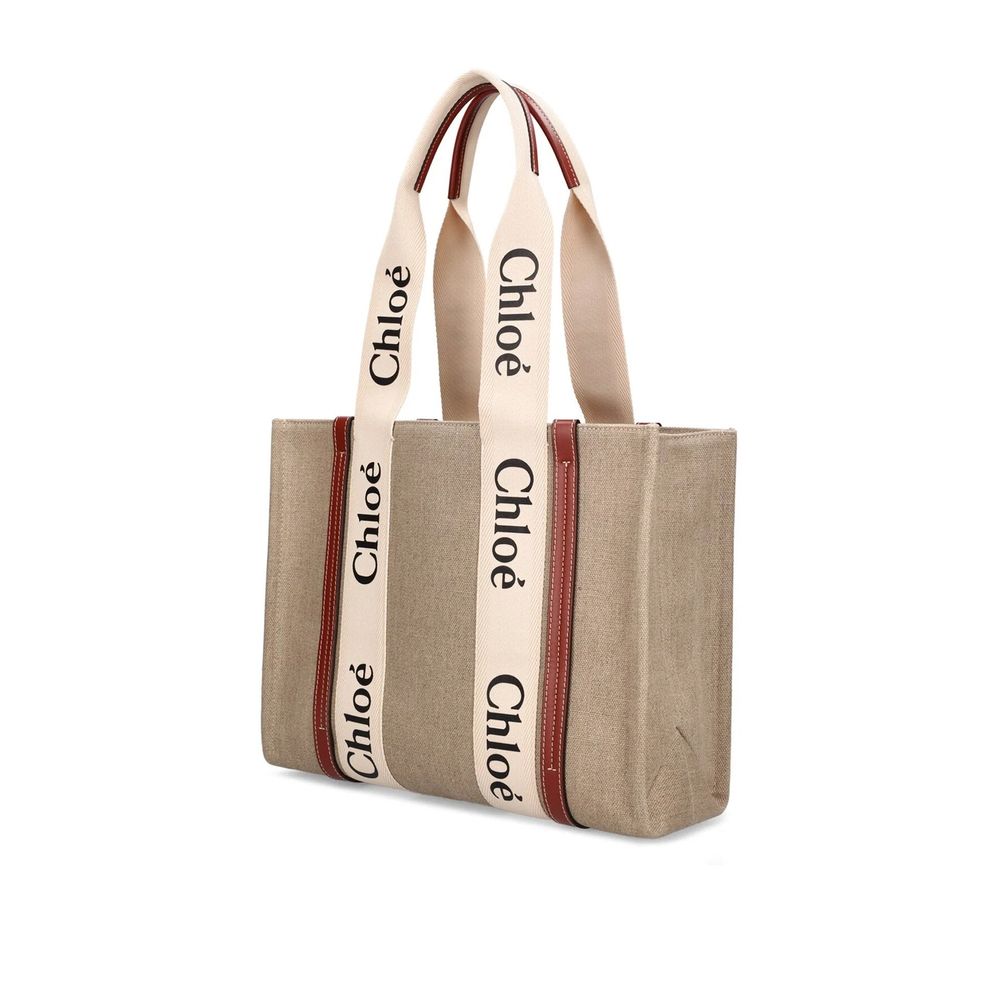 Chloé Woody Tote Bag in Linen - Cream and Light Brown