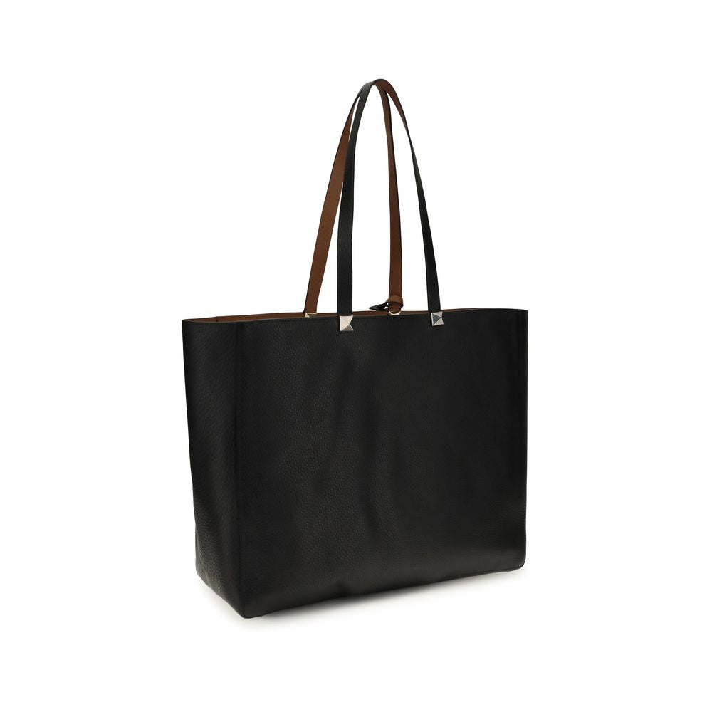 Valentino Garavani Rockstud Reversible Elk Print Calfskin Tote - Black / Saddle Brown
