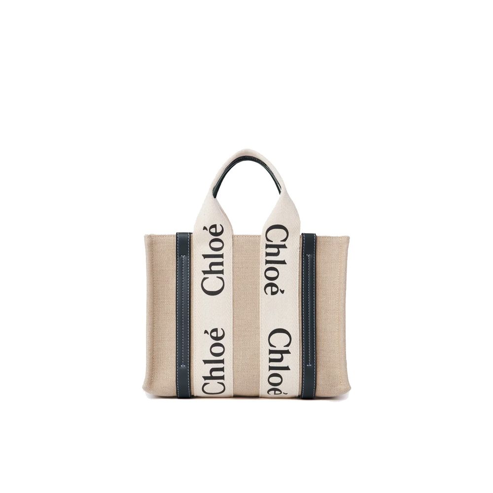 Chloé Woody Small Tote Bag in Linen - White and Blue