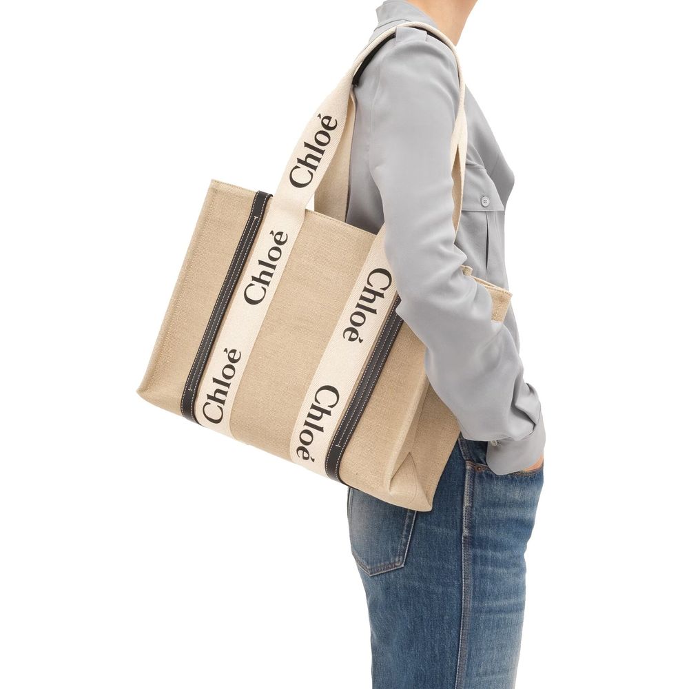 Chloé Woody Tote Bag in Linen - White and Blue