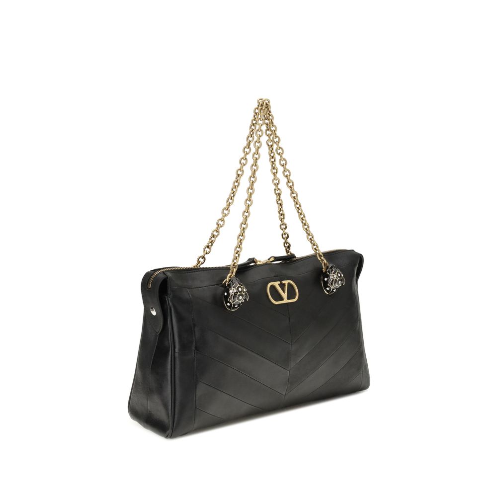 Valentino Garavani Panthea Medium Shoulder Bag Chevron Pattern - Black Nappa Leather