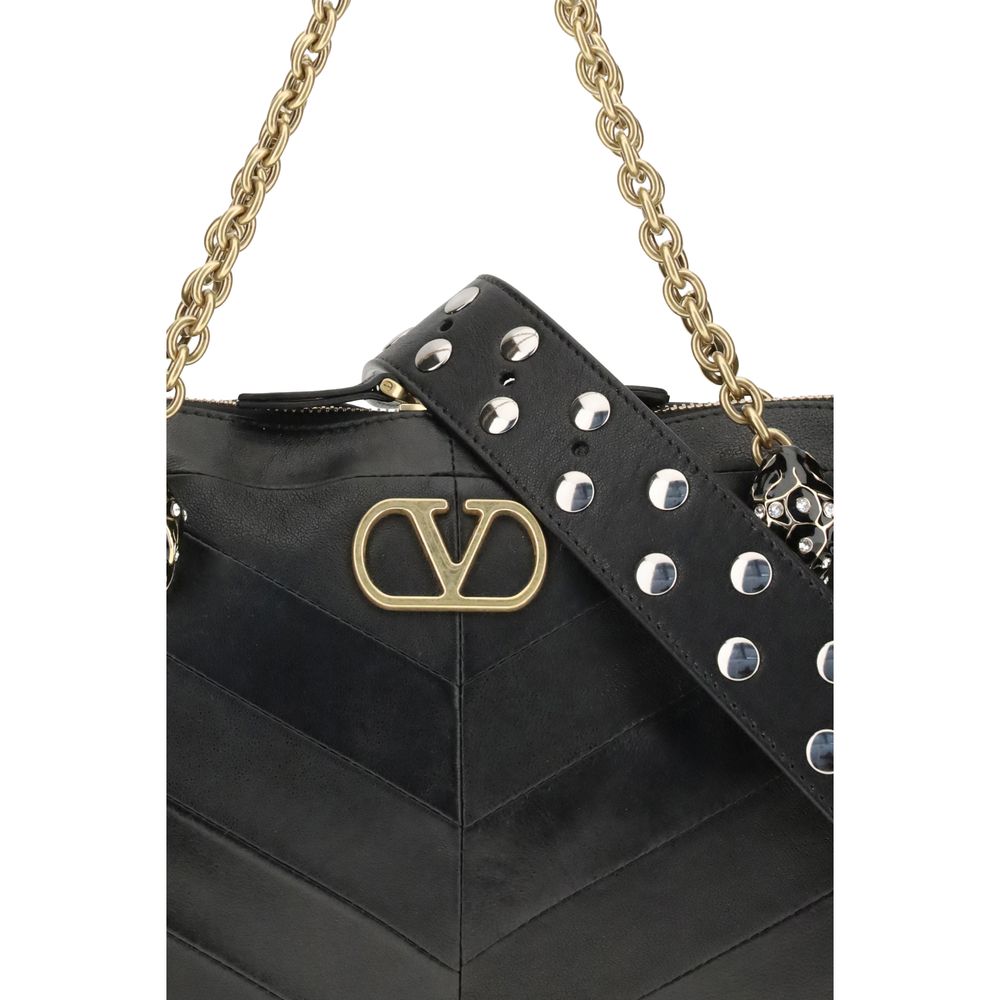 Valentino Garavani Panthea Medium Shoulder Bag Chevron Pattern - Black Nappa Leather