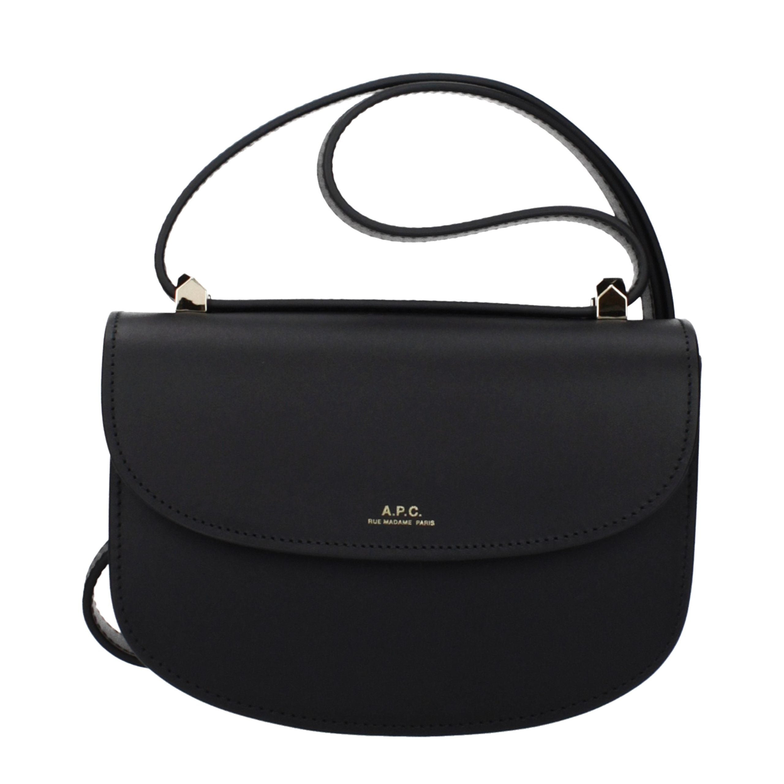 A.P.C. Genève Mini black leather flap bag with gold logo and reinforced rounded bottom.