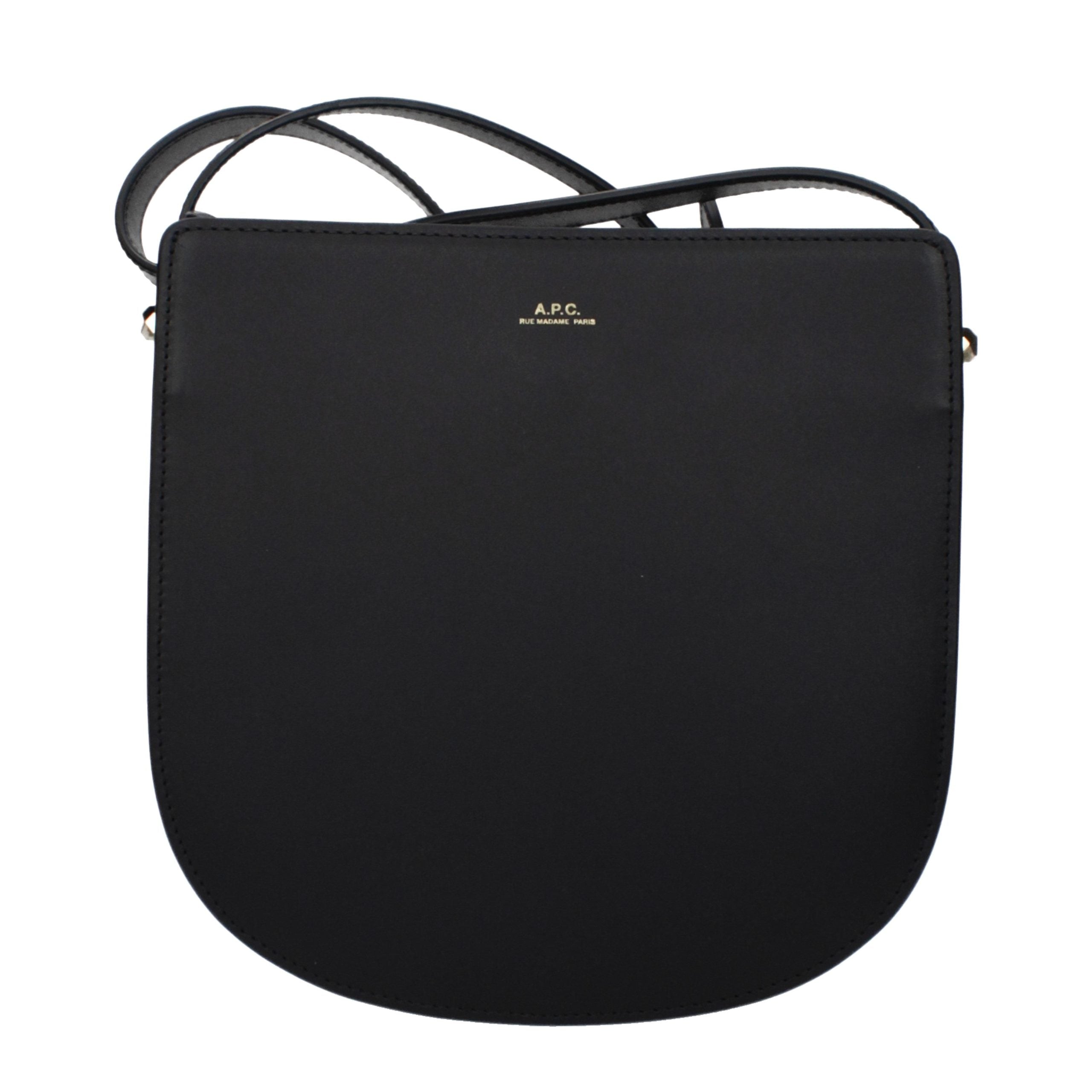 A.P.C. Geneva Hobo black smooth leather crossbody bag with gold embossed logo front view.