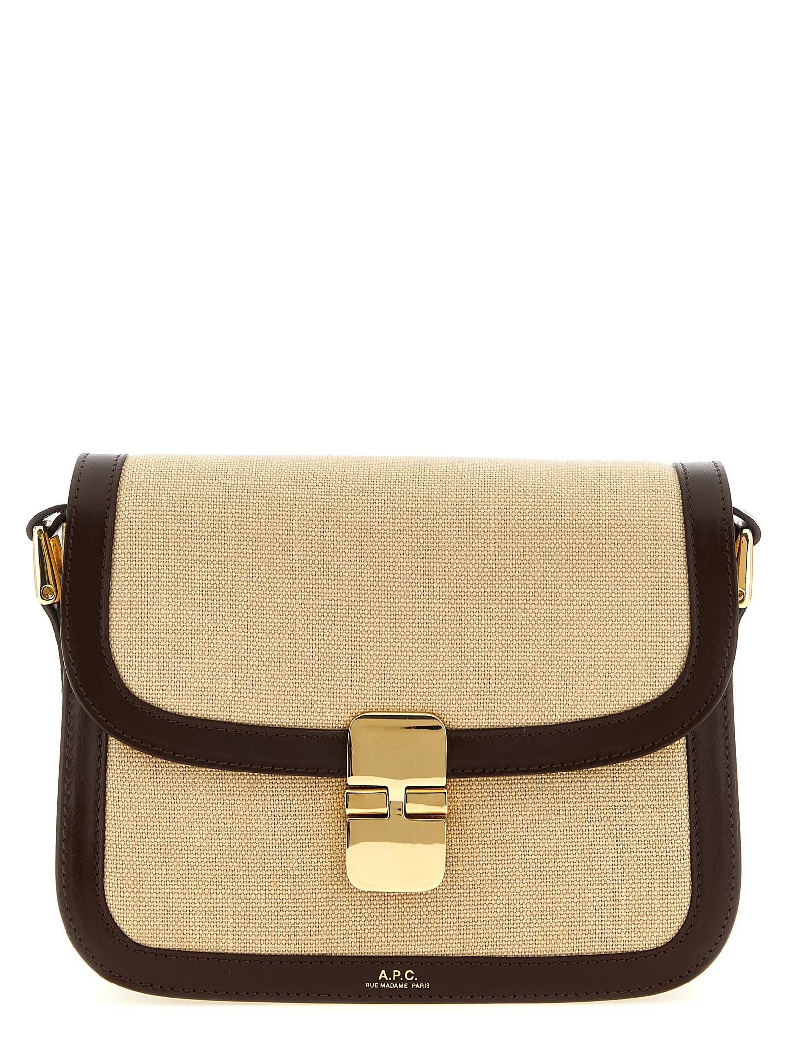 A.P.C. Grace Small bag in beige canvas and hazelnut leather with gold-tone hardware clasp closure against a neutral minimalist background.