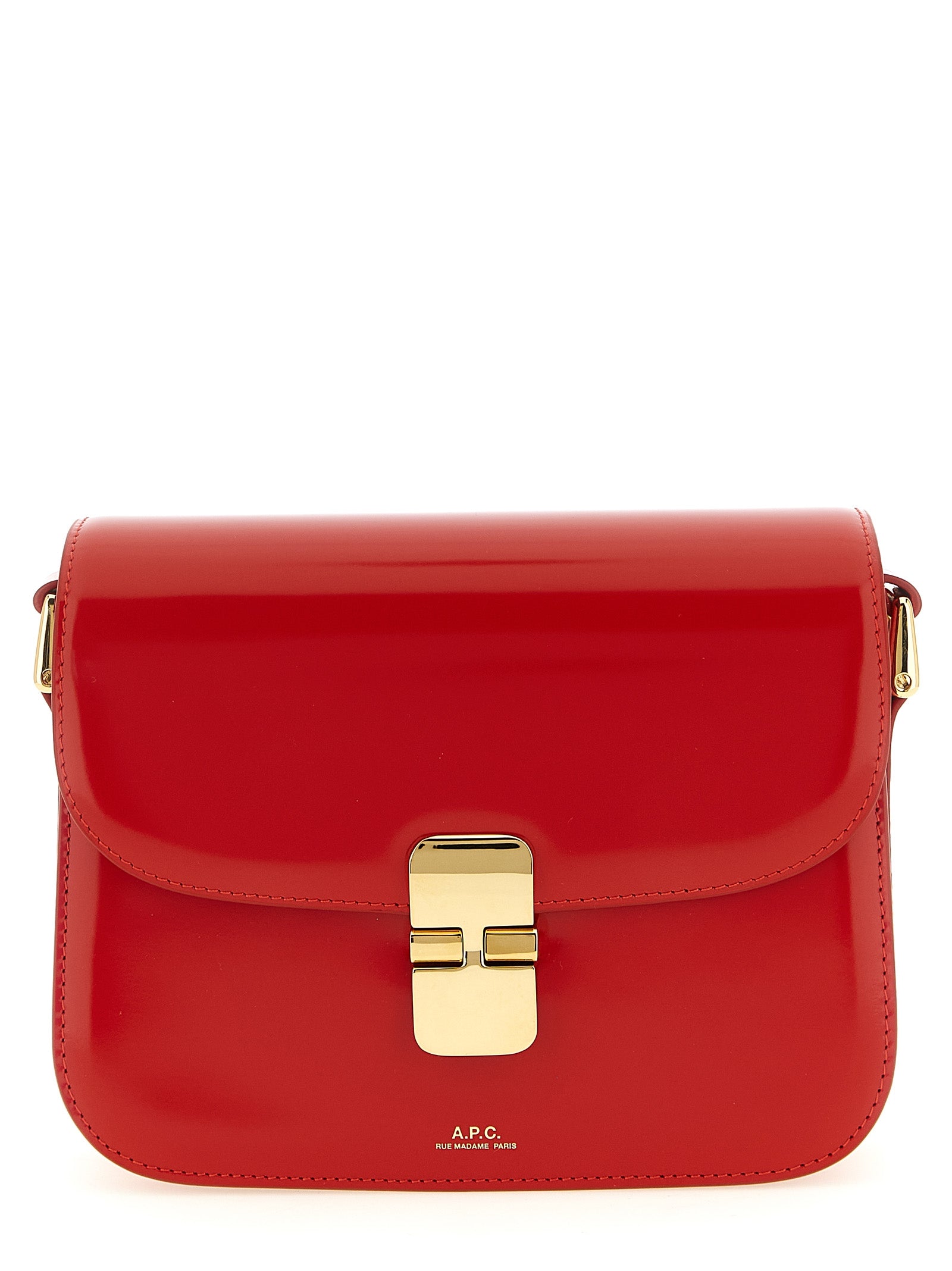 A.P.C. Grace Small bag in bright red glazed leather with gold-tone hardware clasp closure from The Exclusive Line Singapore.