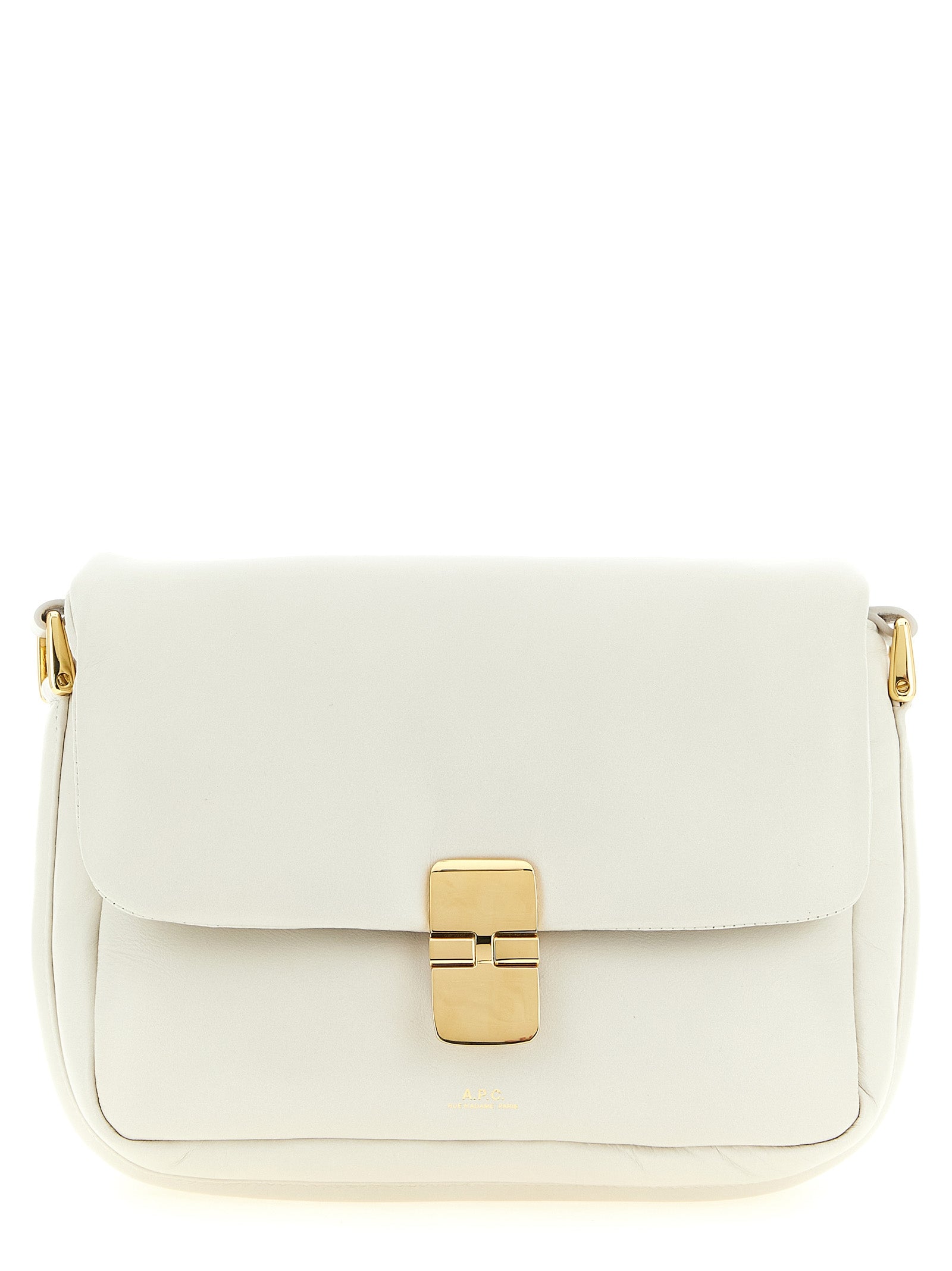 A.P.C. Grace Soft bag in snow white leather with gold-tone hardware clasp closure from The Exclusive Line Singapore.