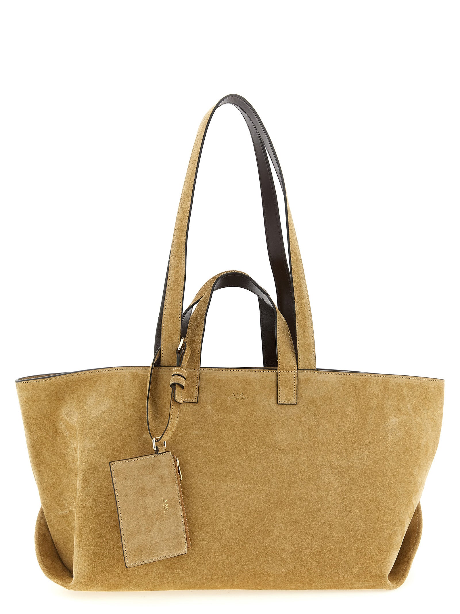 A.P.C. Le Drummer bag in beige canvas and chestnut brown suede with dual carry handles from The Exclusive Line Singapore.