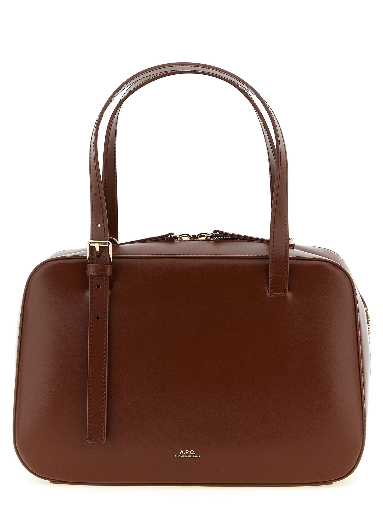 A.P.C. Virginie Horizontal Box Bag in smooth noisette brown leather with gold hardware and adjustable straps from The Exclusive Line Singapore.