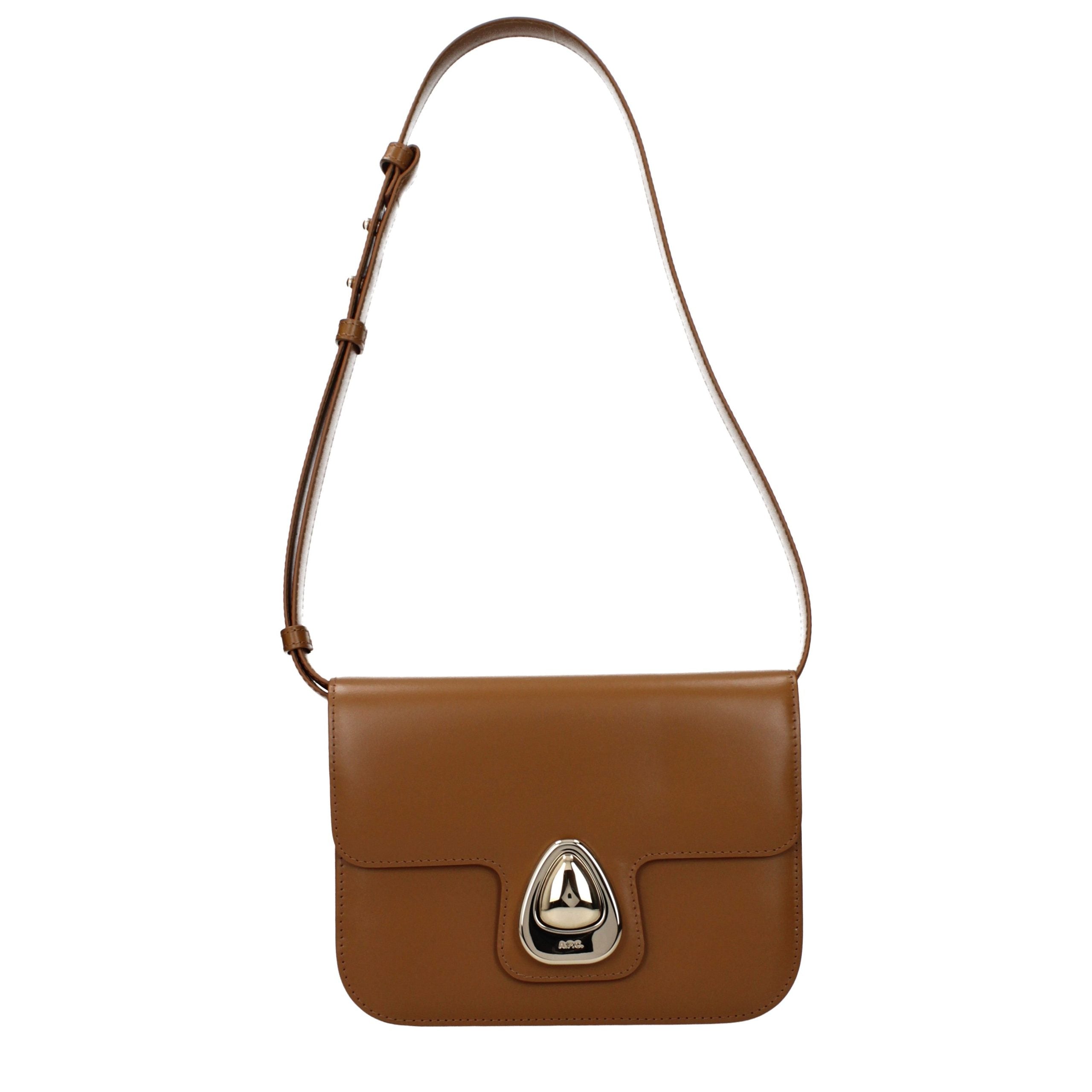A.P.C. Astra Small Bag in Hazelnut tan leather with gold-tone hardware clasp front view.