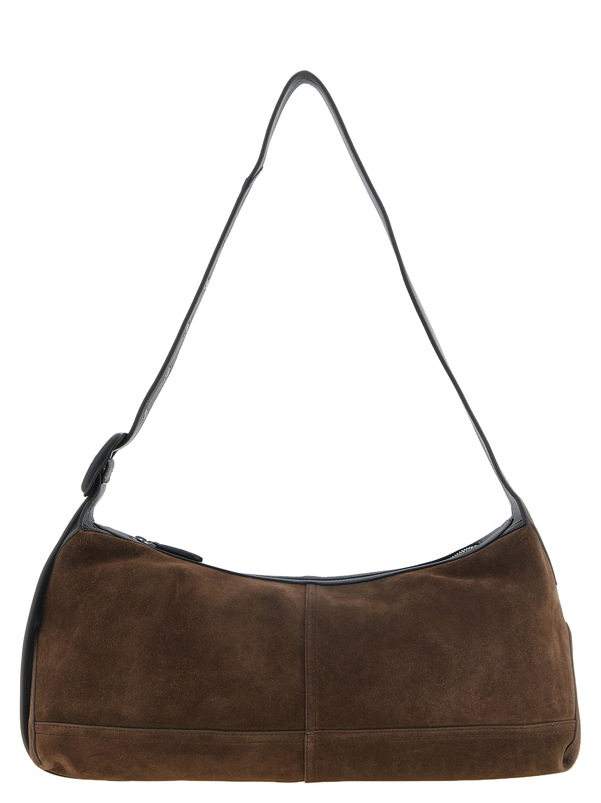 Ami Paris Etienne Small Crossbody Bag in dark brown suede leather with silver embossed logo.