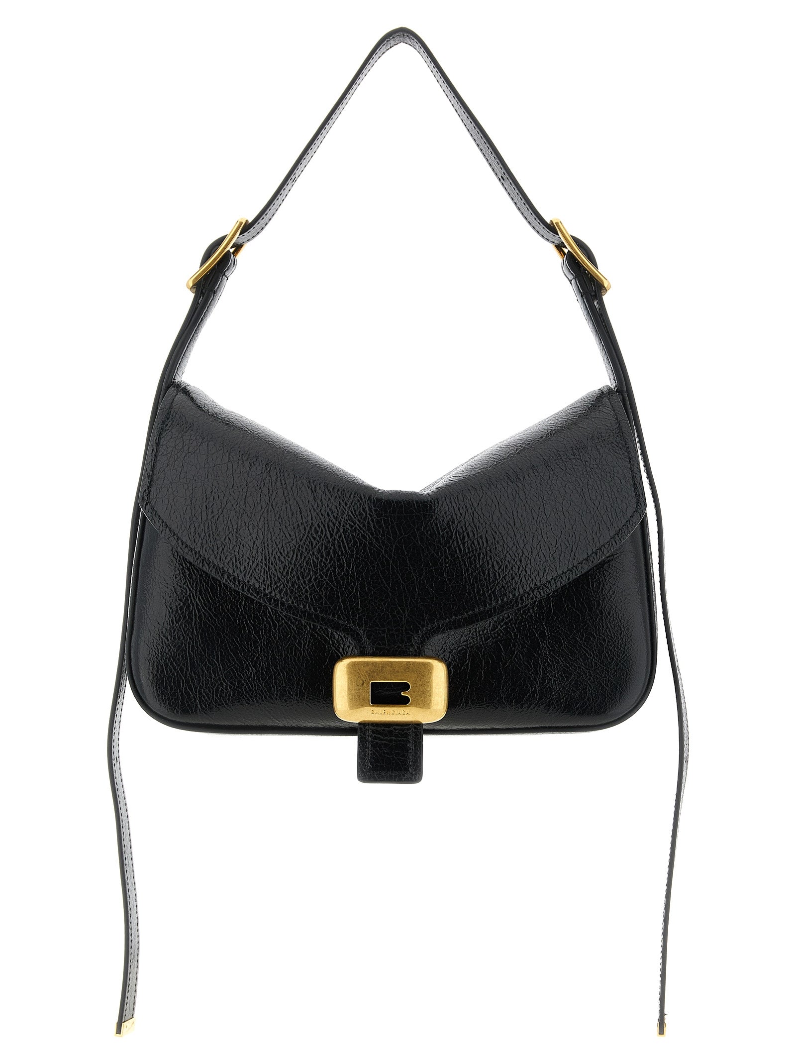 Balenciaga Clicca Medium Shoulder Bag in black Arena lambskin leather featuring an adjustable double buckle strap and an aged-gold B logo closure.
