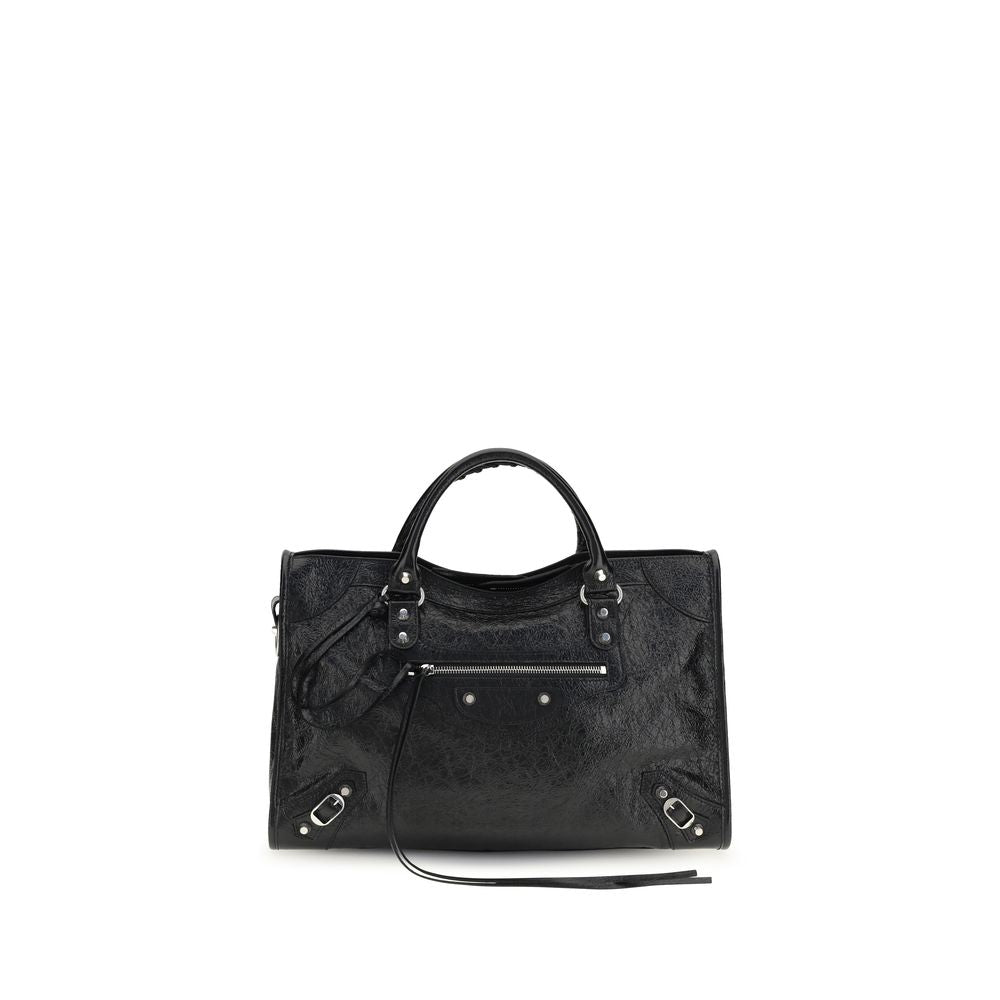Balenciaga Medium Le City Bag in black Arena lambskin with shiny silver hardware and braided handles.
