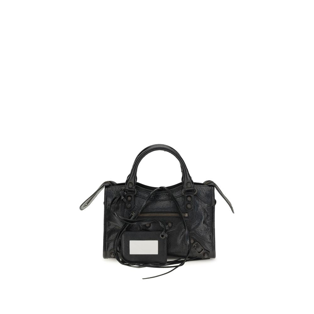 Balenciaga Le City Bag Mini in black Arena lambskin featuring brass hardware and signature knotted leather pullers.