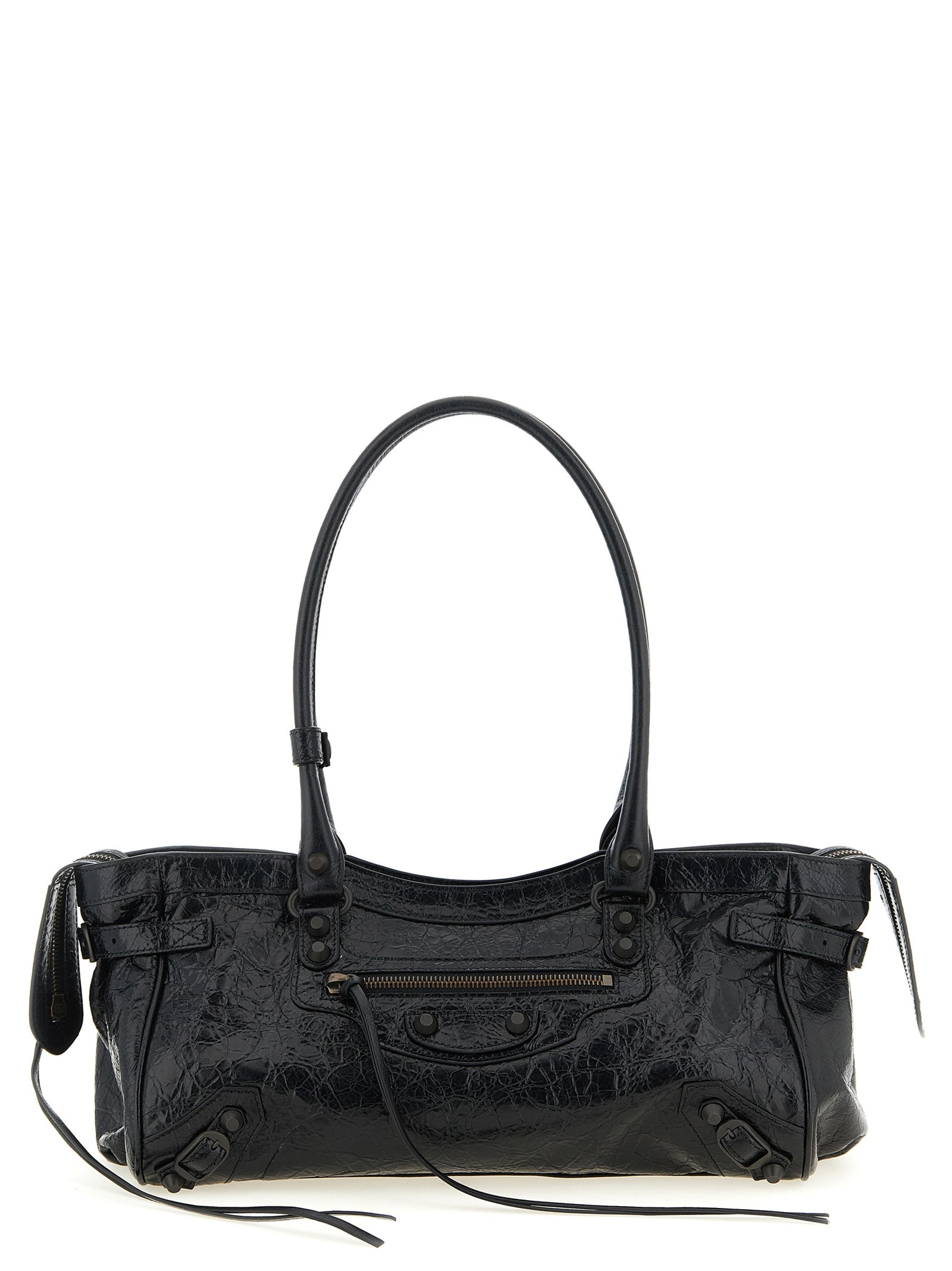 Balenciaga Le City East-West shoulder bag in textured black Arena lambskin with brass hardware and knotted zip pulls.